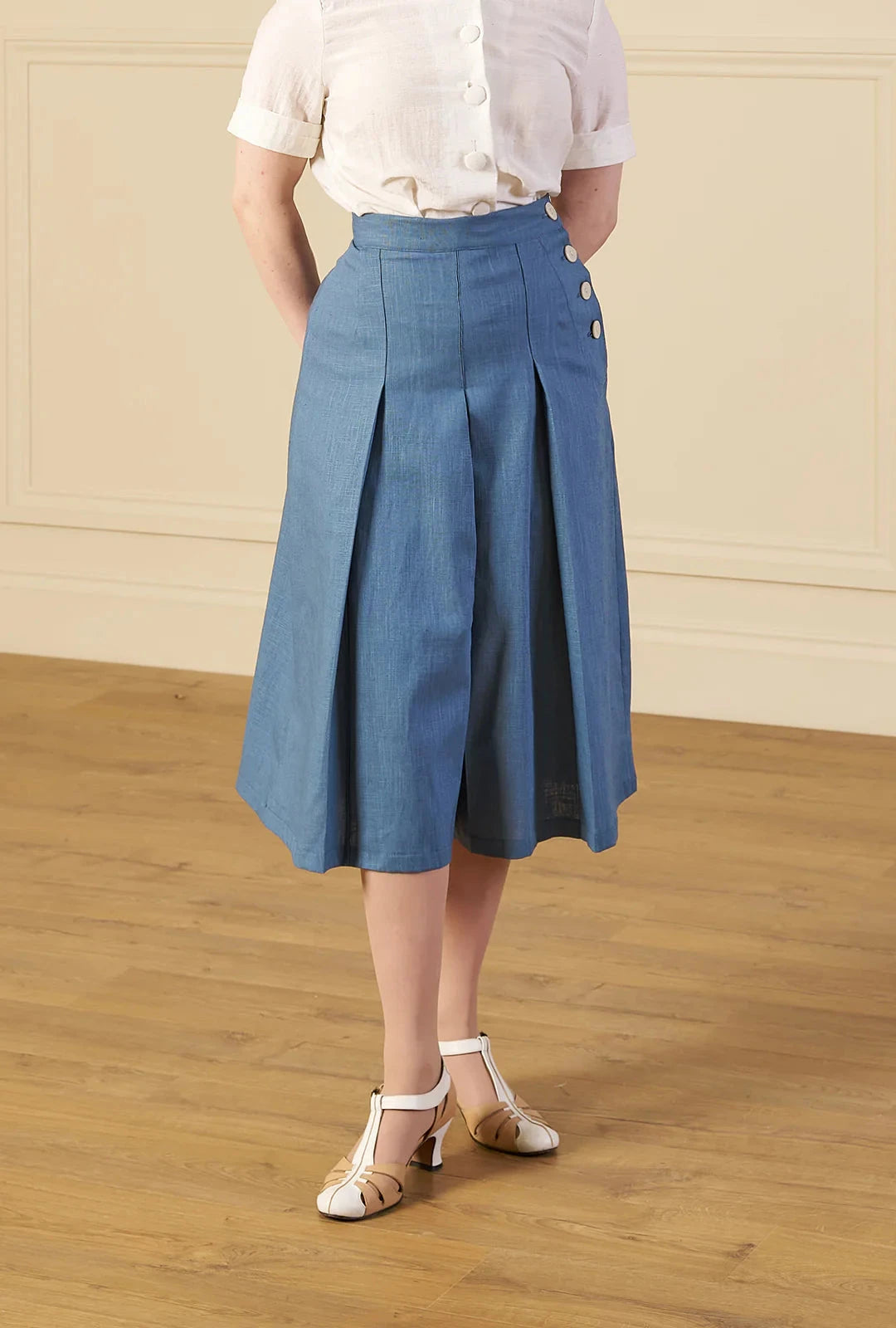 1930'er Culottes - cornflower kortærmet skjorte House of Foxy
