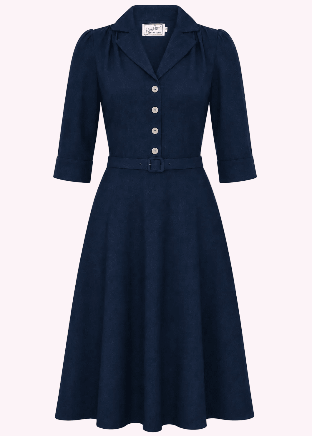 Betty skjortekjole med 3/4 ærmer - navy blå linen look skjortekjole Daisy Dapper
