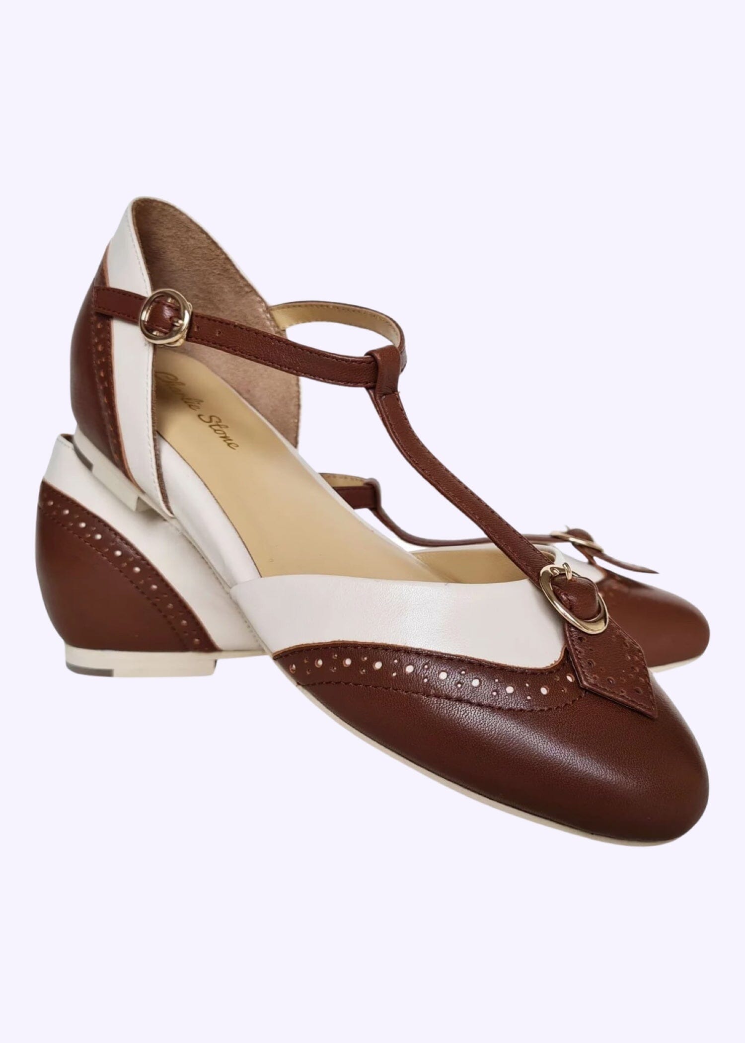 Charlie Stone: Parisienne Vintage stil brun & hvid læder sko sko Charlie Stone