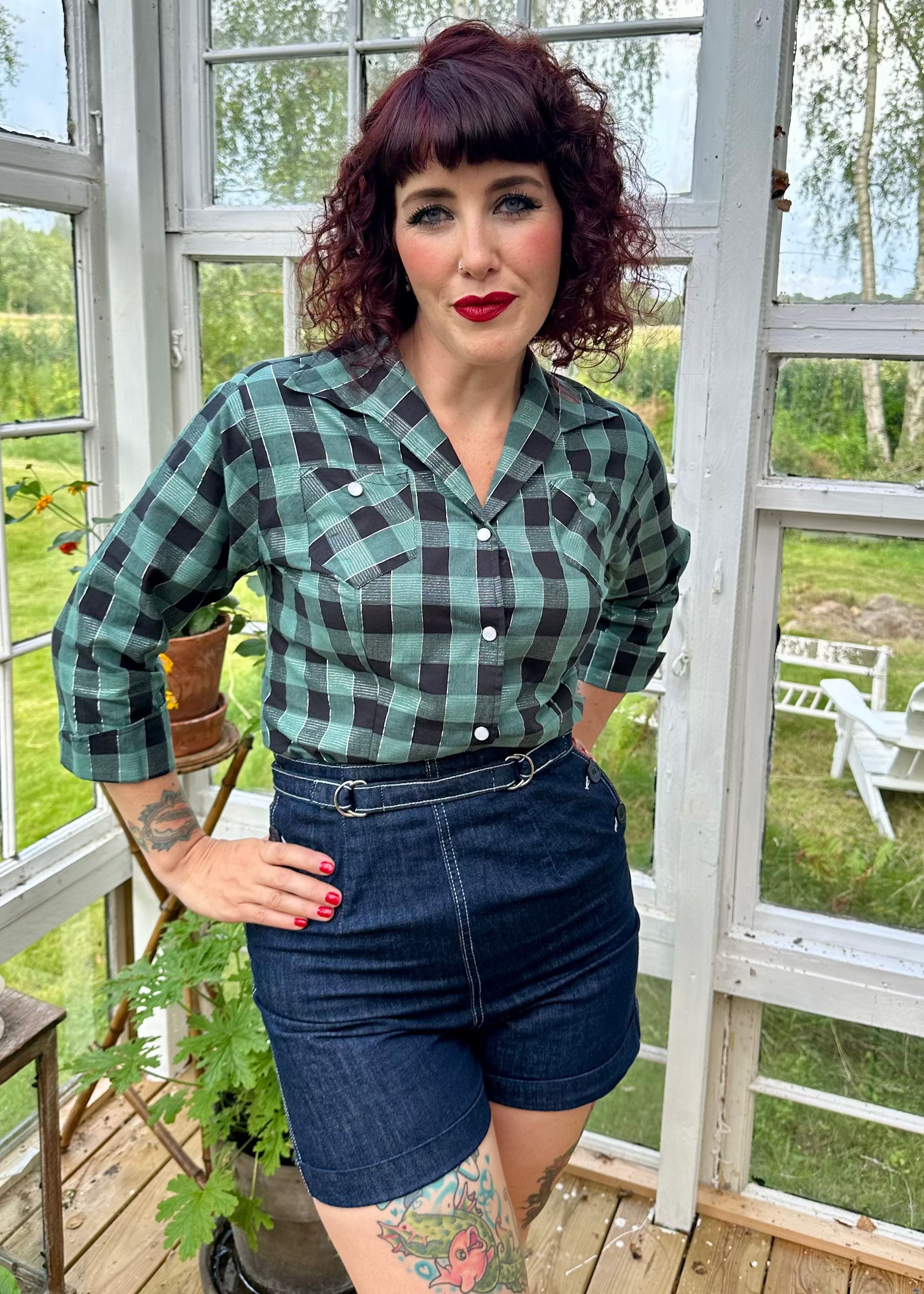 Grøn ternet Western Blouse langærmet skjorte Freddies Of Pinewood