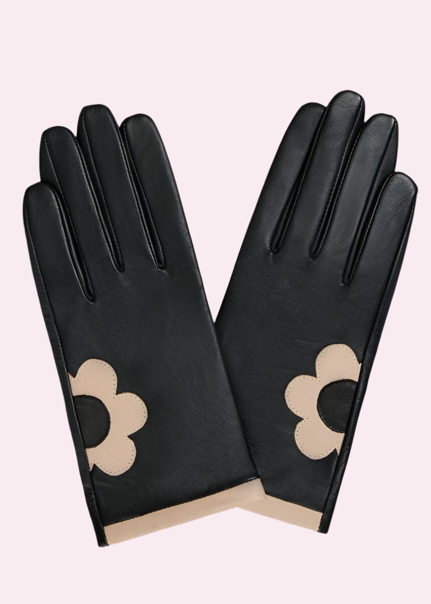 Handsker i sort læder med marguerit handsker Mabel Sheppard