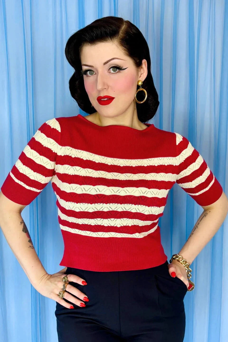 Lana strikbluse - Rød/ ivory top Weekend Doll