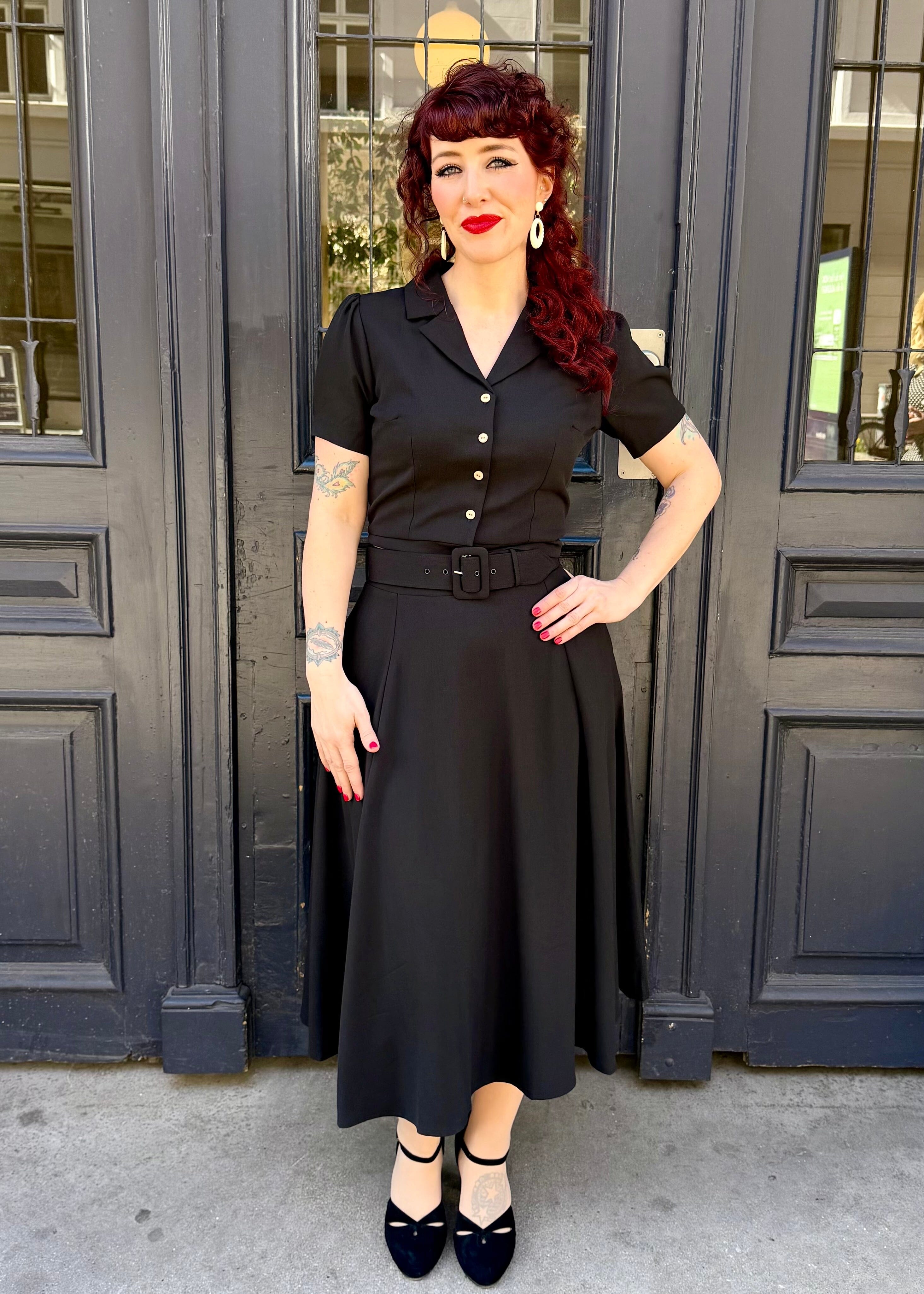 Midi skirt med bælte - black linen midi nederdel Daisy Dapper