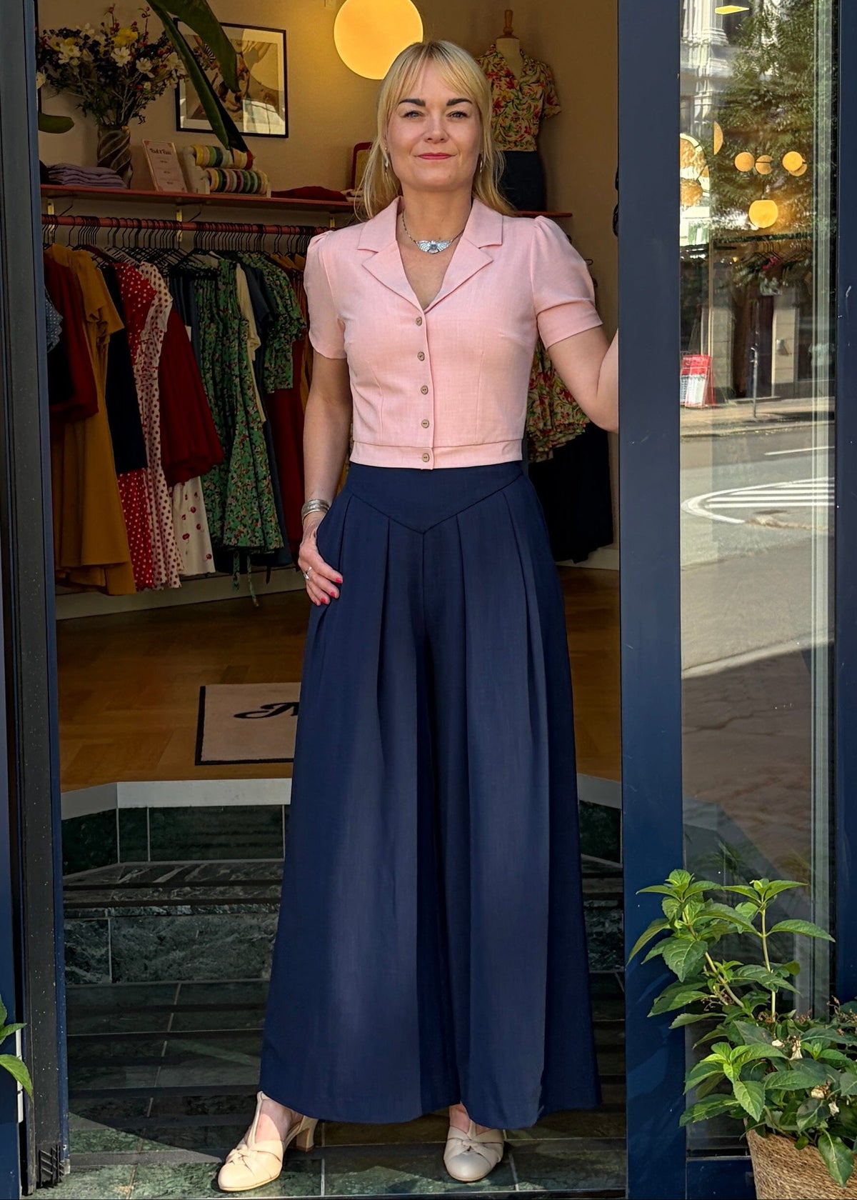 Palazzo bukser med høj talje - navy linen look bukser Daisy Dapper