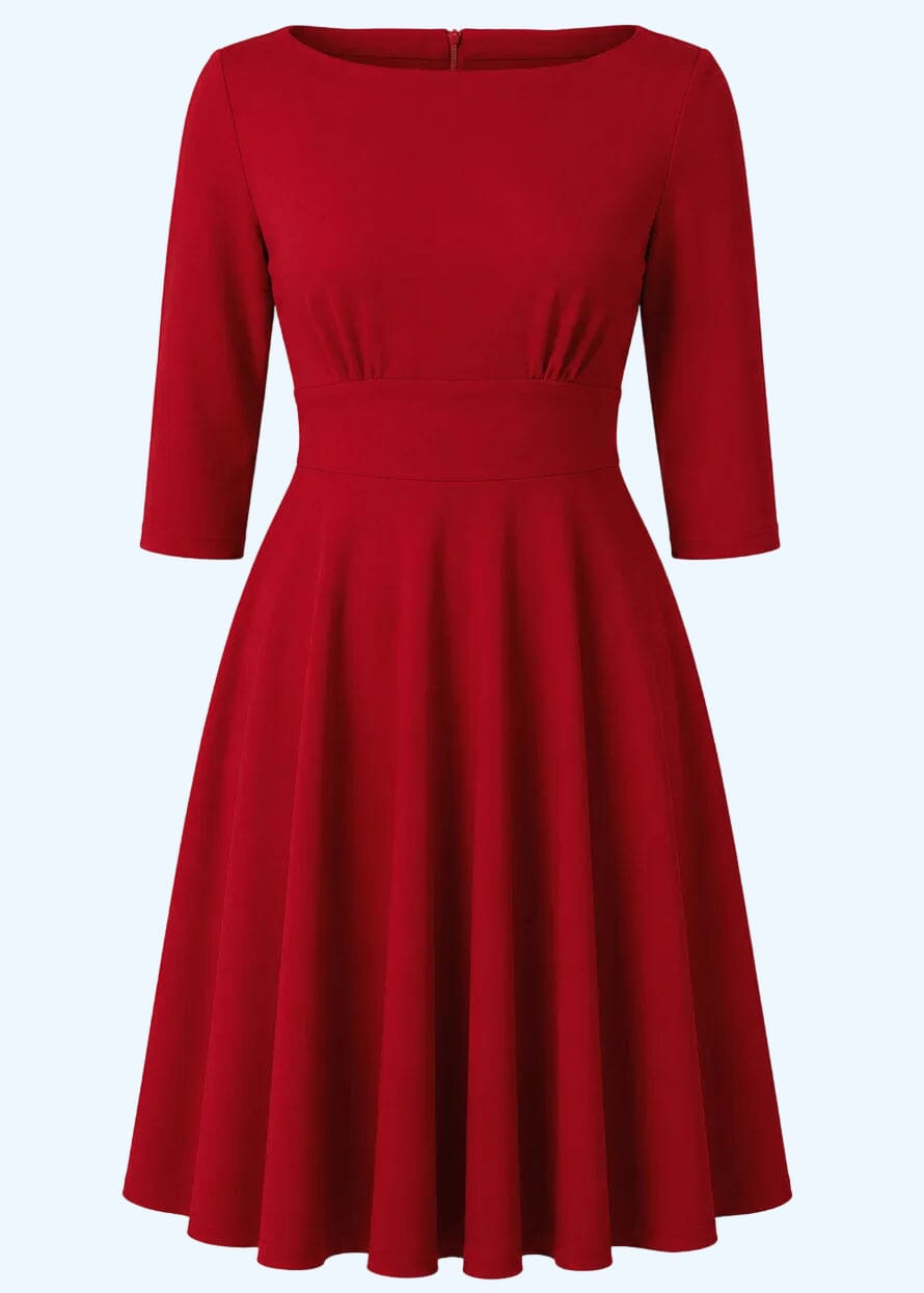 Ruby boatneck swingkjole med 3/4 ærmer - rød linen look swing kjole Daisy Dapper
