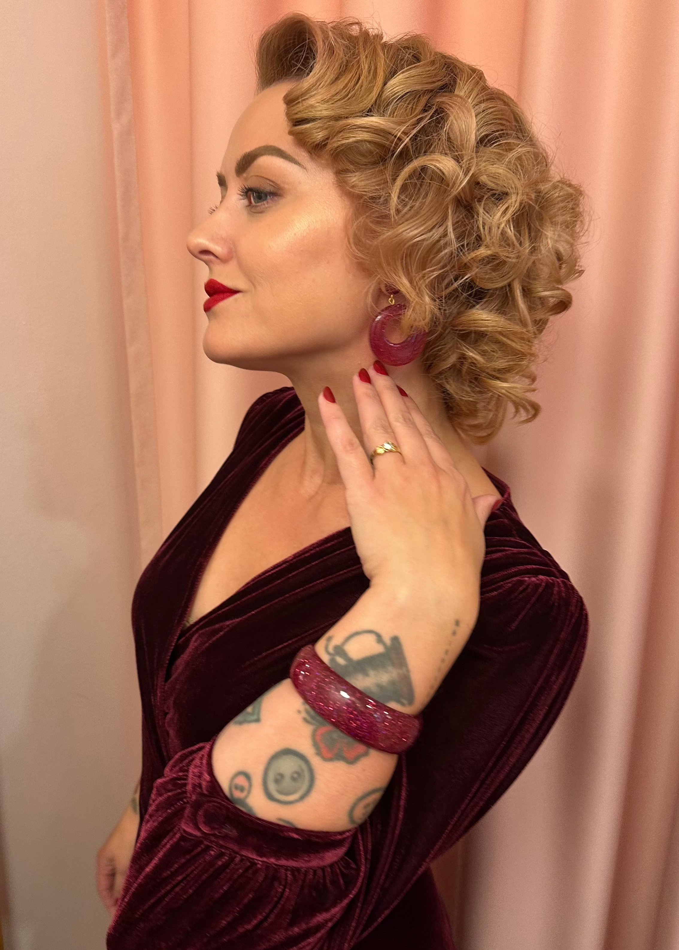 Vintage style hoop øreringe, Magenta glitter Accessories Rock It Rosie