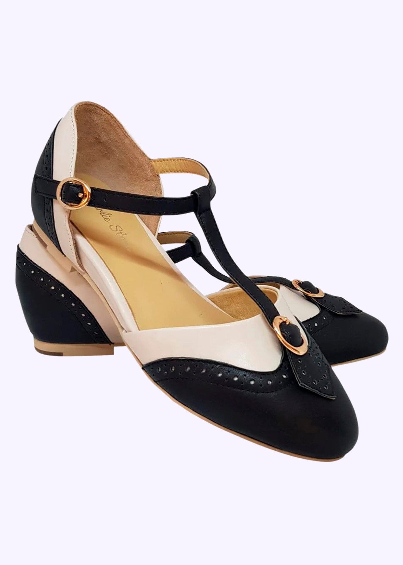 Charlie Stone: Parisienne Vintage stil sort & hvid læder sko sko Charlie Stone