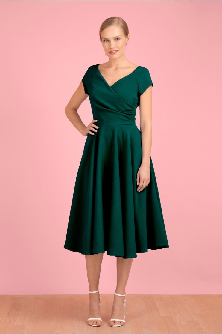 Pretty Dress Company: 1950'er Hourglass swingkjole i mørk grøn toej Pretty Dress Company