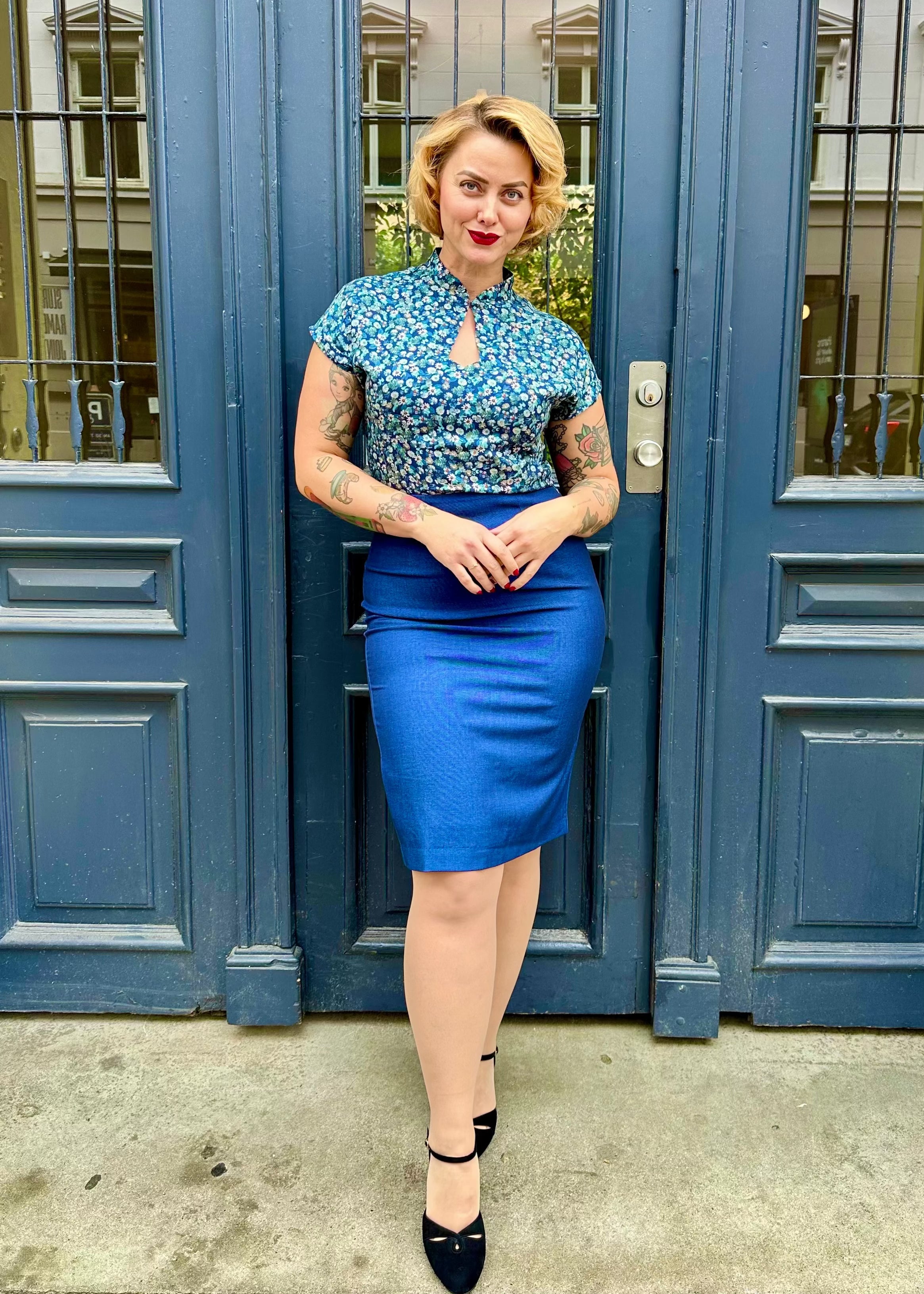1940's Keyhole bluse i 'Marguerite' kortærmet skjorte House of Foxy 