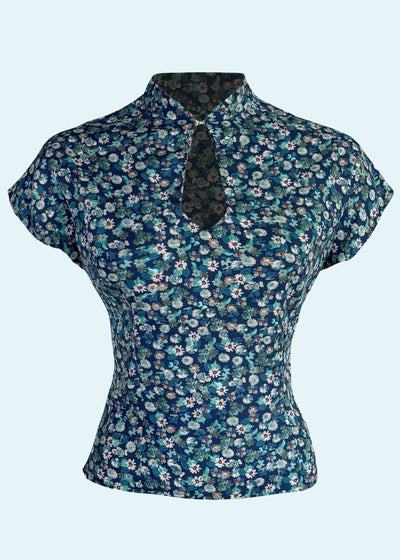 1940's Keyhole bluse i 'Margurite' kortærmet skjorte House of Foxy 