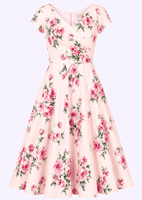 1950-tals Hourglass swingklänning - rosa med rosor