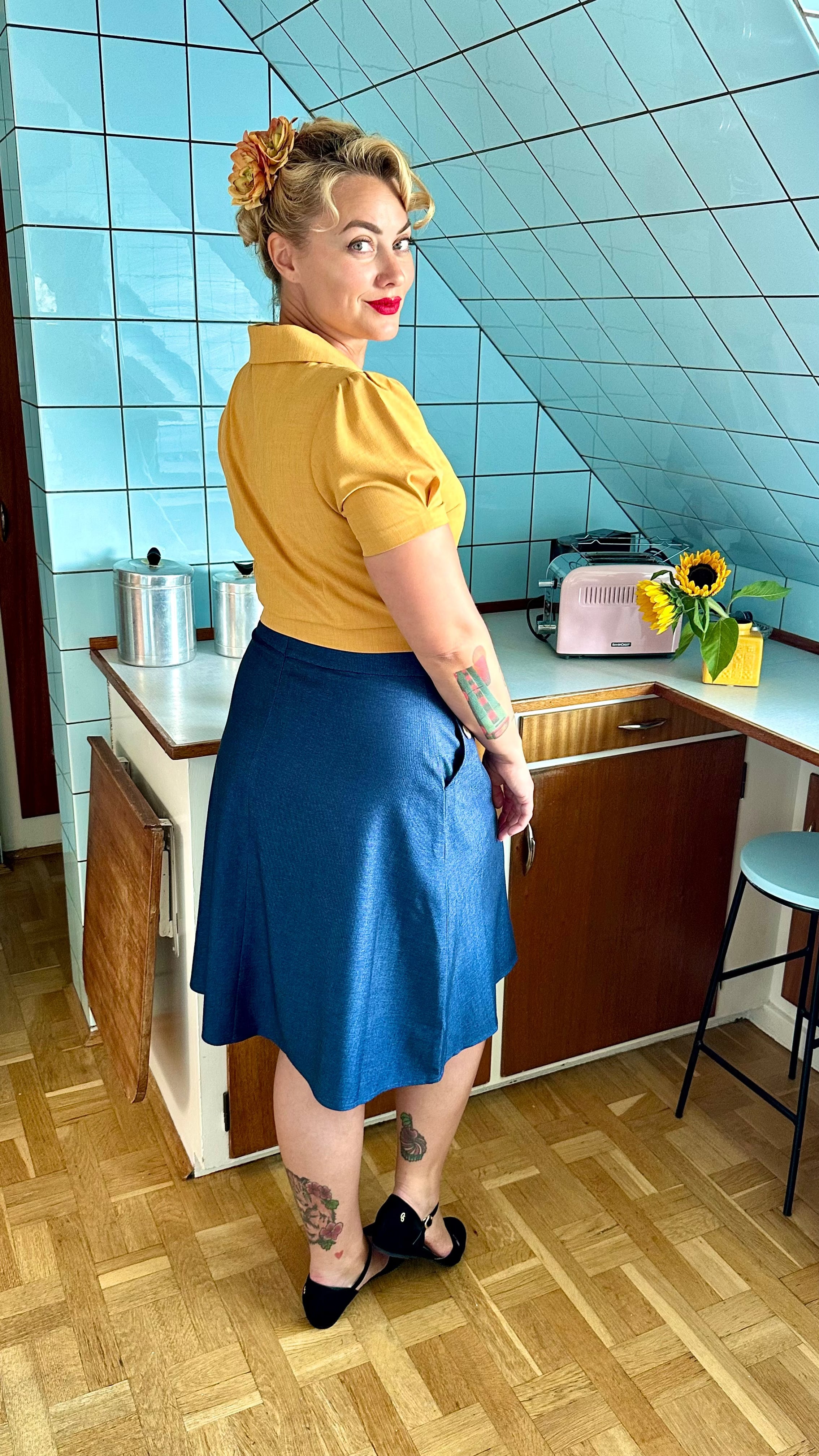 A-line nederdel med knapper i blå "denim" aline nederdel Daisy Dapper 