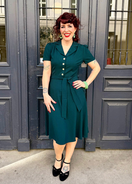 Betty kortärmad skjortklänning - mörkgrön linen