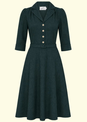 Betty skjortekjole med 3/4 ærmer - mørk grøn linen look skjortekjole Daisy Dapper 