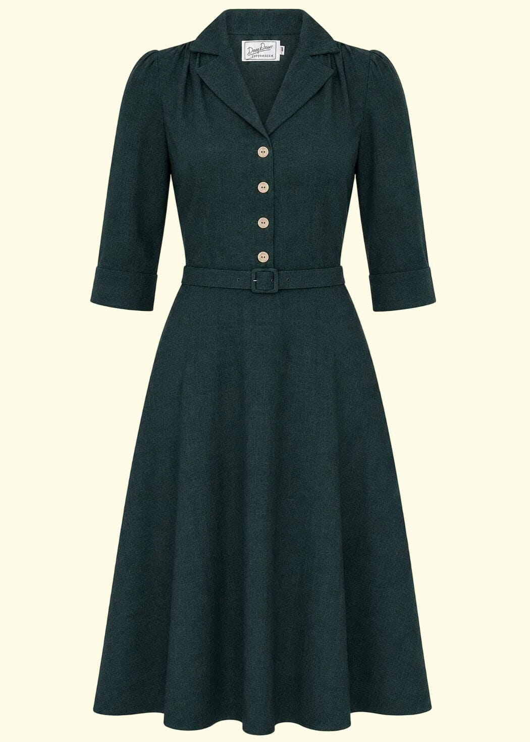 Betty skjortekjole med 3/4 ærmer - mørk grøn linen look skjortekjole Daisy Dapper 