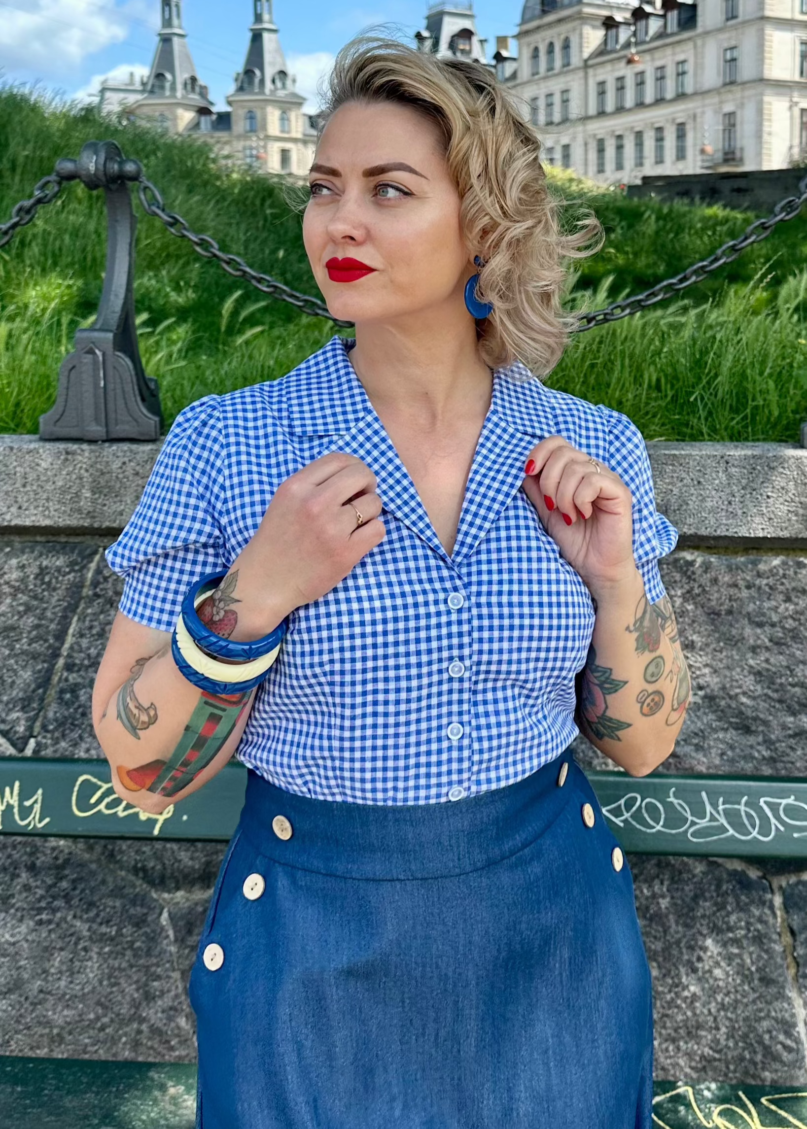Daisy kortærmet skjorte i blå og hvid gingham kortærmet skjorte Daisy Dapper 