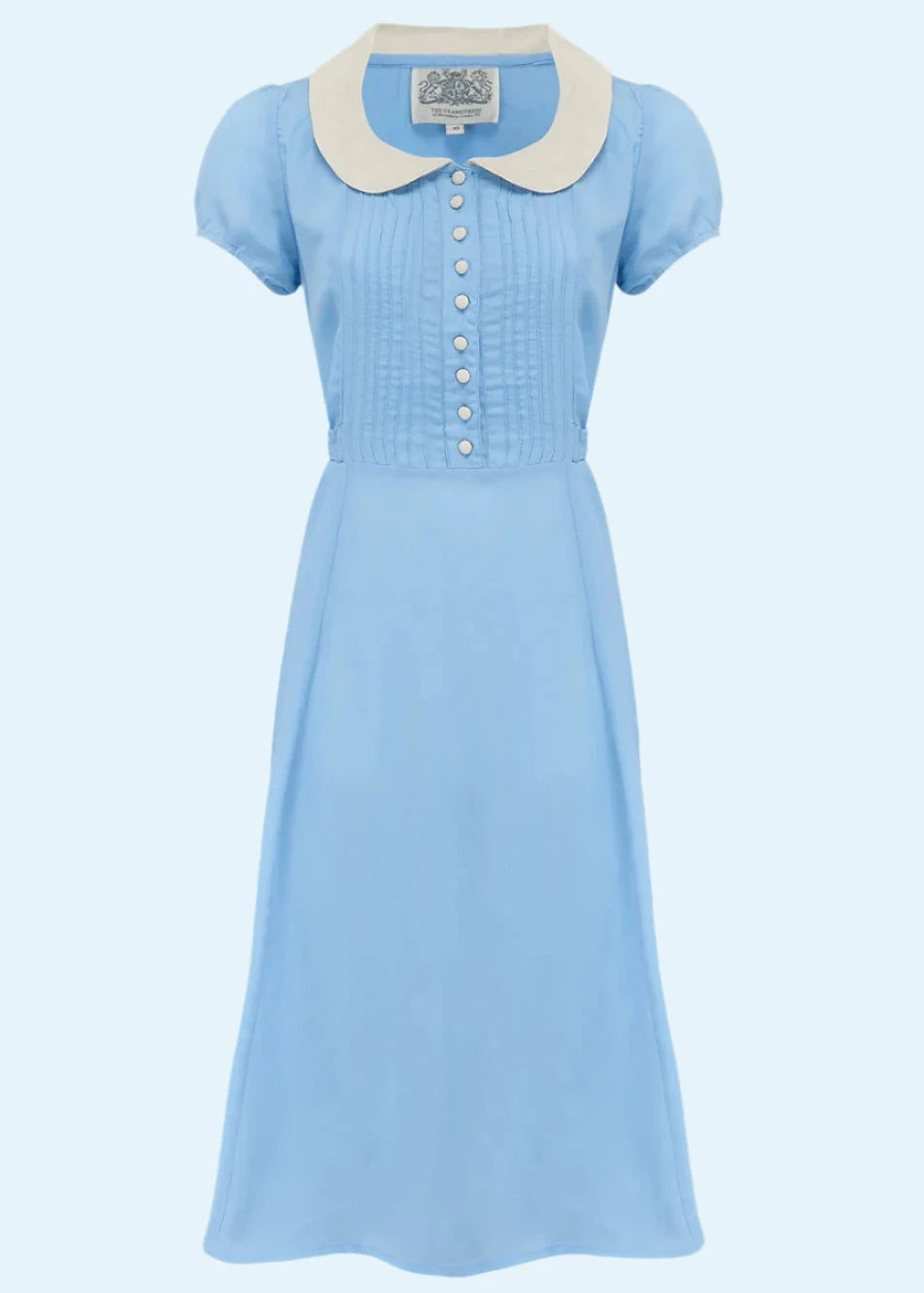 Dorothy A-line kjole i lyseblå med hvid krave aline kjole Seamstress Of Bloomsbury 