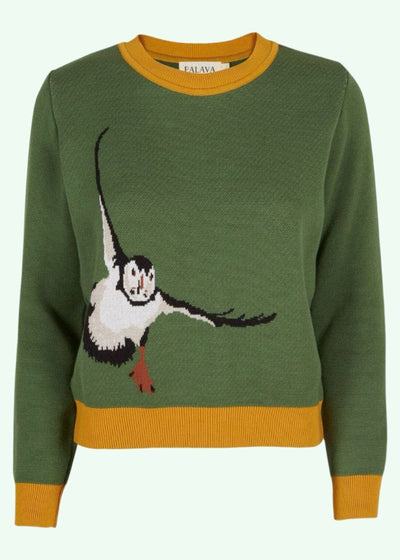 Esther sweater i mosgrøn med 'puffin' bluse Palava 