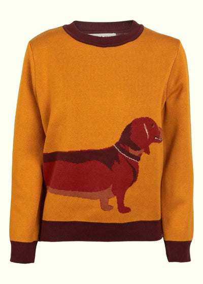 Esther sweater i okkerfarvet med gravhund bluse palava 