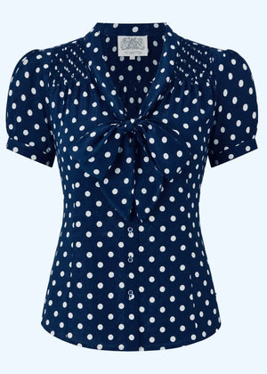 Eva kortærmet skjorte med bindesløjfe - navy med prikker kortærmet skjorte Seamstress Of Bloomsbury 