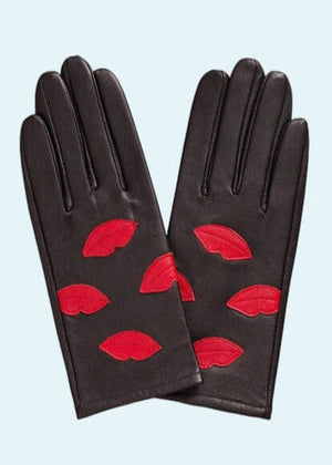 Handsker i sort læder med red-lips applikationer Accessories Mabel Sheppard 