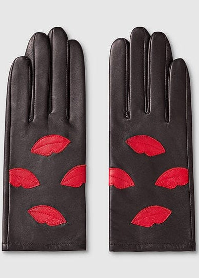 Handsker i sort læder med red-lips applikationer Accessories Mabel Sheppard 