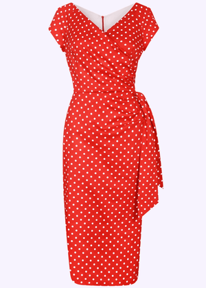 Hourglass pencilkjole i rød med hvide prikker Kjoler Pretty Dress Company 