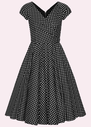 Hourglass swingkjole i sort med små hvide prikker swing kjole Pretty Dress Company 