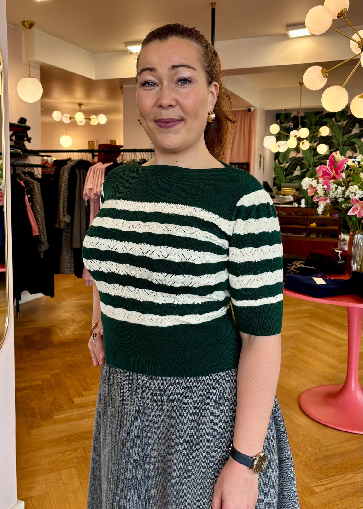 Lana strikbluse - Green/ ivory top Weekend Doll 