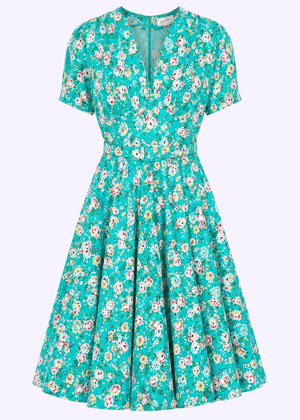 Marilyn swingkjole med korte ærmer - green roses swing kjole Daisy Dapper 