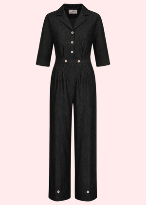 Maxine buksedragt med 3/4 lange ærmer - sort denimlook buksedragt Daisy Dapper 