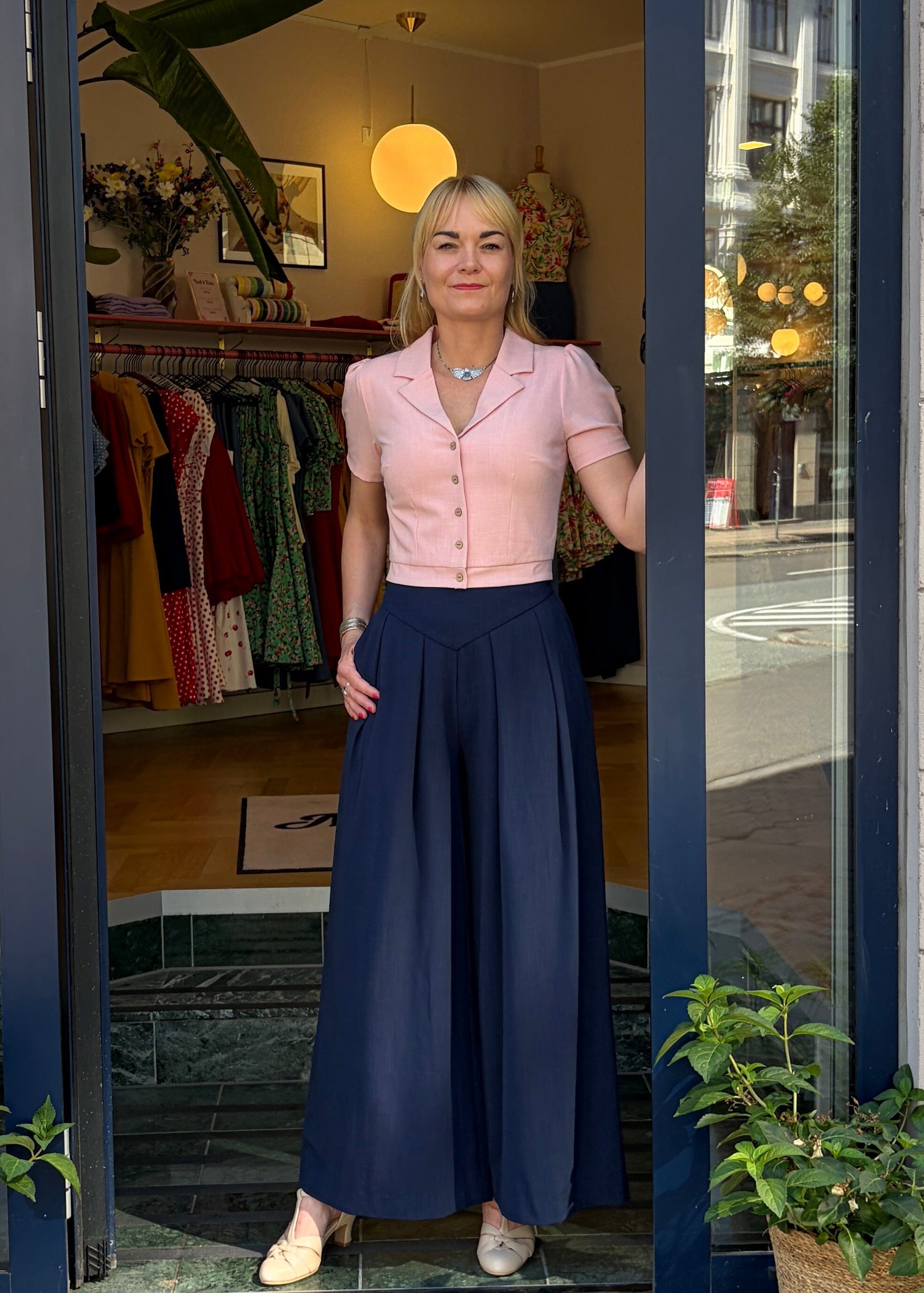 Palazzo bukser med høj talje - navy linen look bukser Daisy Dapper 