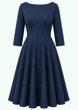 Ruby boatneck swingkjole med 3/4 ærmer - navy linen look swing kjole Daisy Dapper 