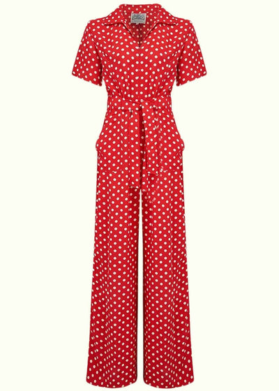 Bloomsbury: Lauren vintage inspireret buksedragt i rød med polka prikker toej Seamstress Of Bloomsbury 