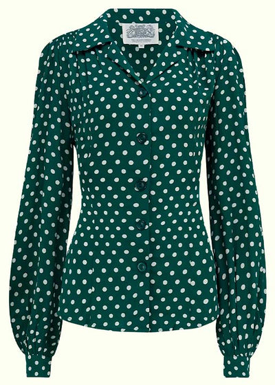 Bloomsbury: Poppy vintage stils skjortebluse i grøn med prikker toej Seamstress Of Bloomsbury 